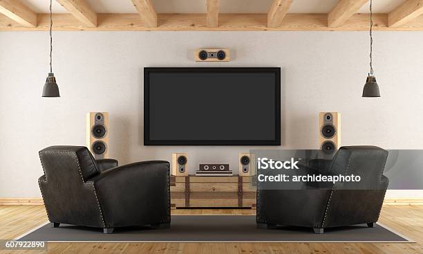 Home Cinema System With Vintage Furniture Stock Photo - Download Image Now - Entertainment Center, Stereo, Domestic Room