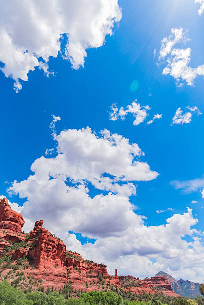 Amazing Red Rock Country near Sedona, Arizona. Displaying colorful sand & limestone rocks & cliffs, with blue sky & white clouds.