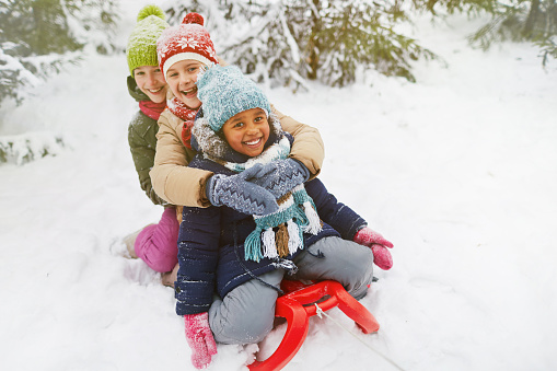 little girl tobogganing in a sled in a winter woodland with father.