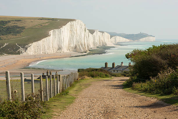 Seven Sisters Cliffs in East Sussex, England View towards the Seven Sisters chalk cliffs and Beachy Head from Seaford Head. East Sussex, England east sussex stock pictures, royalty-free photos & images