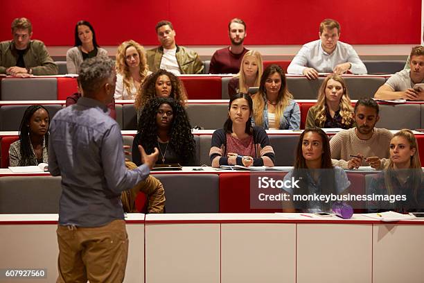 Vista Posterior Del Hombre Presentándose A Los Estudiantes En Una Conferencia Foto de stock y más banco de imágenes de Aula de conferencias