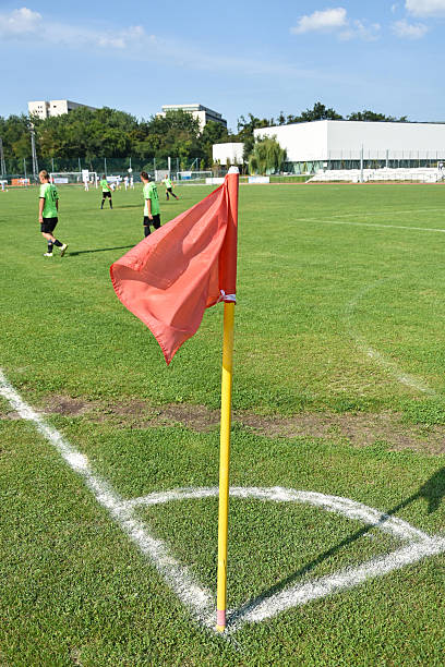 istock Corner flag on the soccer field 607928384