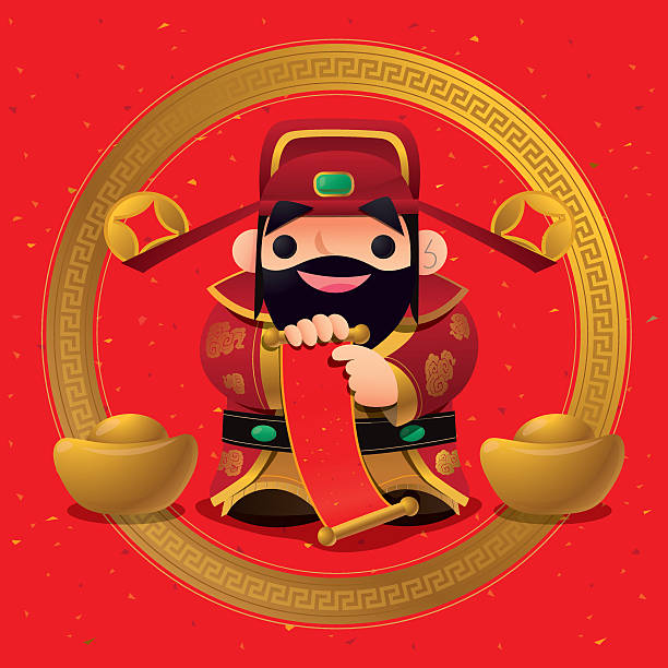 illustrazioni stock, clip art, cartoni animati e icone di tendenza di cartone animato dio cinese della prosperità - chinese ethnicity god chinese new year luck