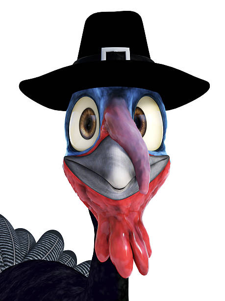 istock Silly toon turkey wearing pilgrim hat. 607929618