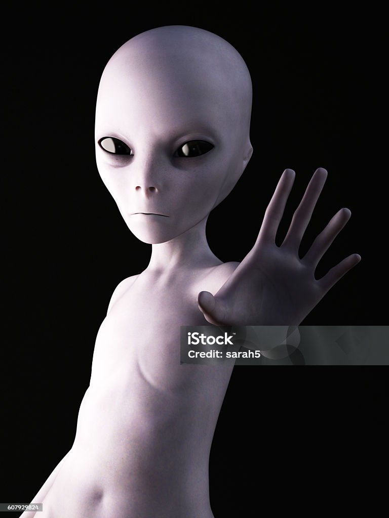 3D rendering of an alien. Alien holding its hand up like it's greeting you. 3D rendering. Black background. Alien Stock Photo