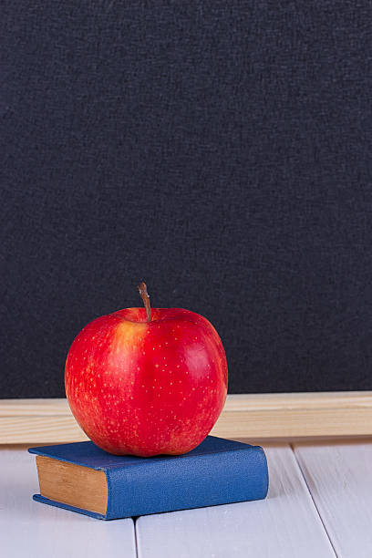 istock Red apple on old mini book against blackboard 607961930