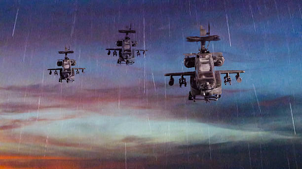 istock Military gunships flying with dramatic sky 607962394