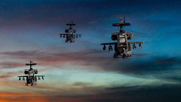 istock Military gunships flying with dramatic sky 607963186