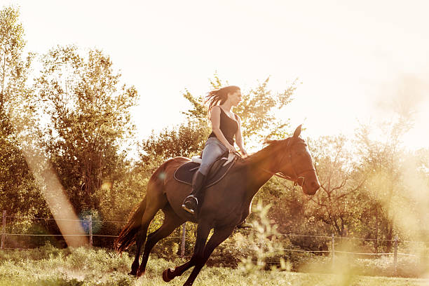 istock Woman riding a horse 607964298