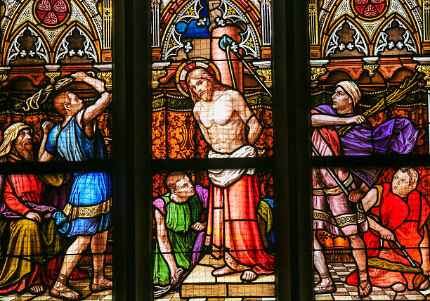 Prague, Czech Republic - April 5, 2016: Stained Glass in the Basilica of Vysehrad in Prague, Czech Republic, depicting the Flagellation of Christ