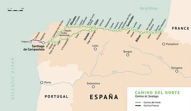 Vector illustration of Camino del Norte map. Camino De Santiago. Spain.