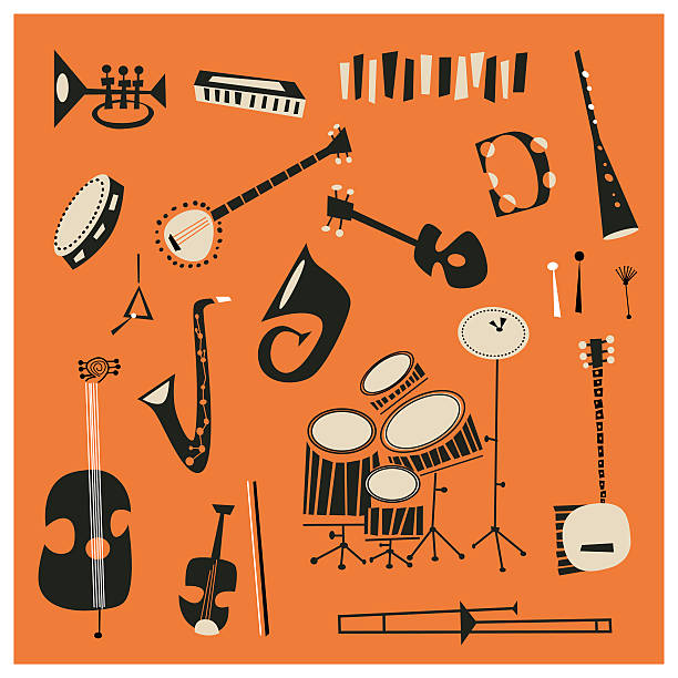 ilustraciones, imágenes clip art, dibujos animados e iconos de stock de instrumentos de jazz - wind instrument