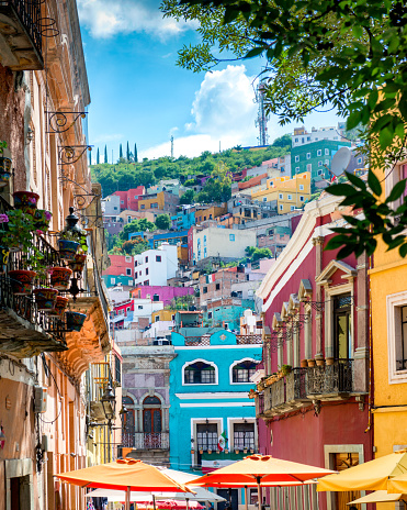 Street view of Guanajuato colorful houses. Mexico.