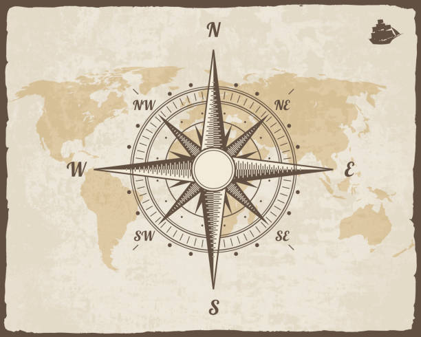 빈티지 해상 나침반. 벡터 용지 텍스처에 대한 구 세계 지도 - compass exploration map globe stock illustrations