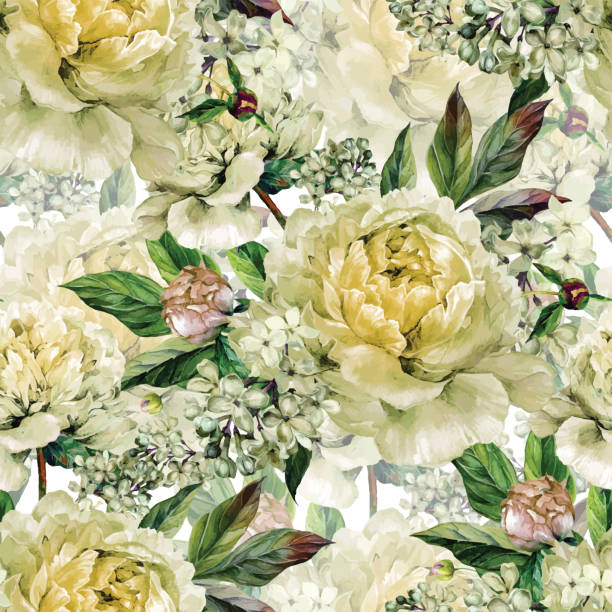 Vintage floral seamless watercolor pattern Watercolor floral seamless pattern. Bouquet of watercolor white peonies, buds, white lilac and green leaves. Hand drawn botanical Illustration in trendy vintage style. Shabby chic. landscape design stock illustrations