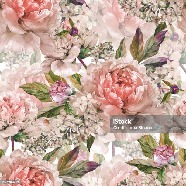 빈티지 플로럴 원활한 수채화 패턴 꽃-식물에 대한 스톡 벡터 아트 및 기타 이미지 - 꽃-식물, 장미, 고풍스런