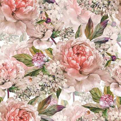 Watercolor floral seamless pattern. Bouquet of watercolor light rose peonies, buds, white lilac and green leaves. Hand drawn botanical Illustration in trendy vintage style. Shabby chic.