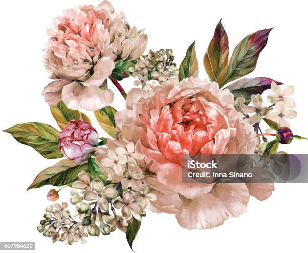 Vintage Floral Bouquet Of Peonies Stock Illustration - Download Image Now - Flower, Retro Style, Old-fashioned