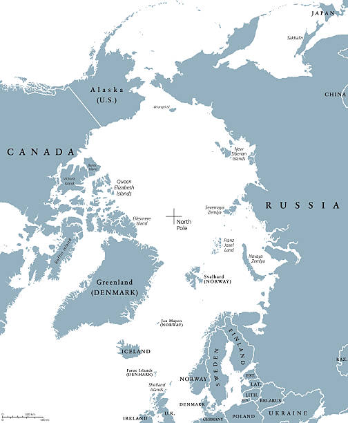 Arctic region countries and North Pole political map Arctic region countries and North Pole political map with national borders and country names. Arctic ocean without sea ice. English labeling and scaling. Illustration. north pole map stock illustrations