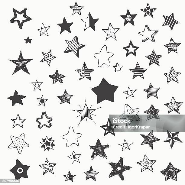 Stars Doodle Graphic Big Set Simple Cartoon Different Star Stock Illustration - Download Image Now