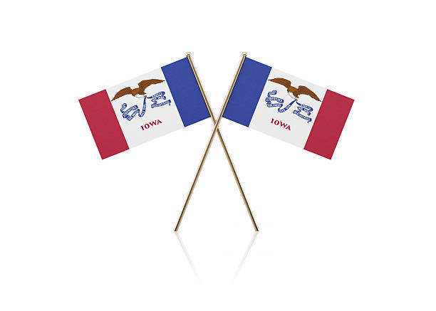 Tiny Iowa Flag Pair on Gold Sticks Tiny Iowa flag pair on gold sticks. Flag pair is standing on a reflective surface. Isolated on white background. With clipping path. iowa flag stock pictures, royalty-free photos & images