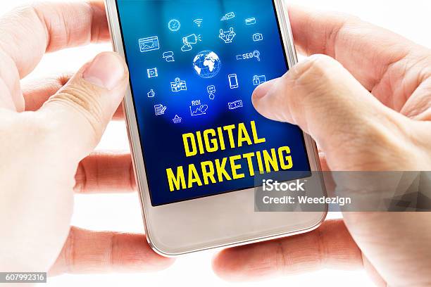 Close Up Two Hand Holding Mobile Phone With Digital Marketing Stock Photo - Download Image Now