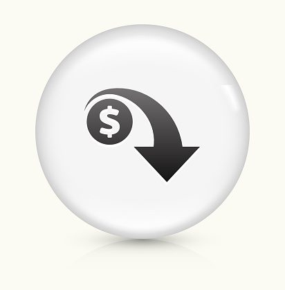 Dollar Decrease Icon on simple white round button. This 100% royalty free vector button is circular in shape and the icon is the primary subject of the composition. There is a slight reflection visible at the bottom.