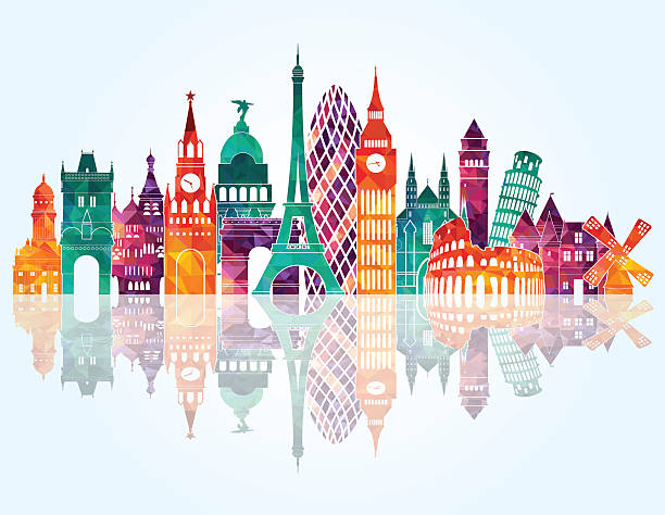 illustrazioni stock, clip art, cartoni animati e icone di tendenza di sagoma dettagliate sullo skyline di europa. illustrazione vettoriale - european countries