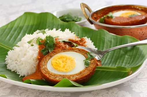 nargisi kofta curry and rice, indian cuisine