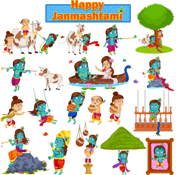 Krishna Janmashtami background Krishna on Janmashtami background in vector mahabharata stock illustrations