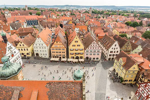 Aerial view of Rothenburg ob der Tauber historic town downtown Franconia, Bavaria, Germany