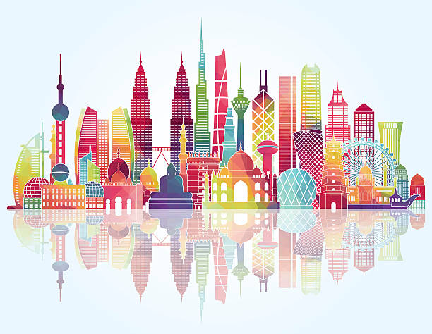 아시아 스카이라인 철두철미 실루엣. 벡터 일러스트레이션 - dubai skyline panoramic united arab emirates stock illustrations