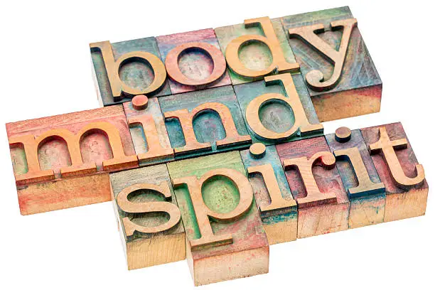 Photo of body, mind, spirit concept in wood type