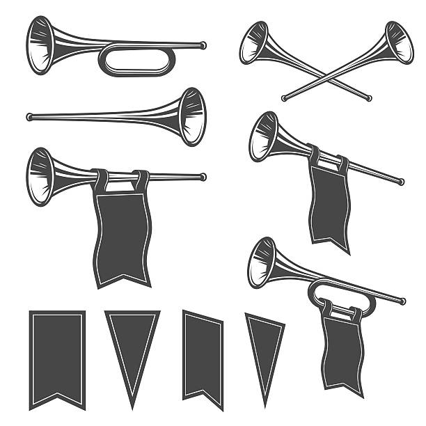 Set of mobochrome fanfare Set of mobochrome fanfares with flags. Perfect for logo, emblem, badge and label troubadour stock illustrations