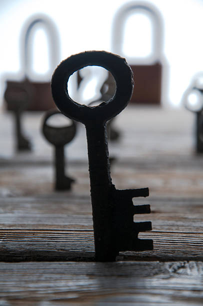 istock Old rusty keys and padlocks on white wooden table 608001030