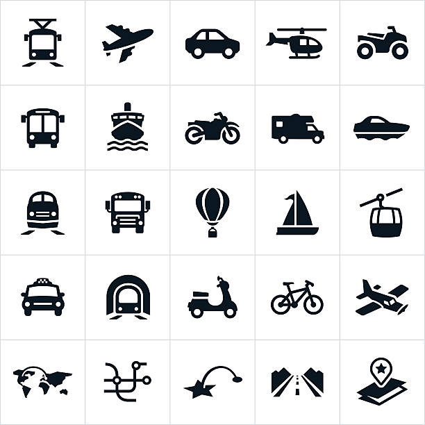 Icons showing different methods of transportation. The icons include a car, airplane, helicopter, ATV, light rail, bus, train, taxi, cruise ship, motorcycle, motorhome, boat, school bus, hot air balloon, sail boat, gondola, subway, scooter and bicycle.