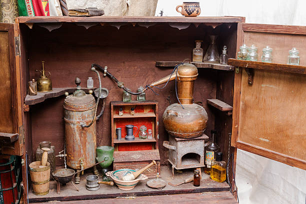 old medicine bottles and machinery -Antique pharmacy jars