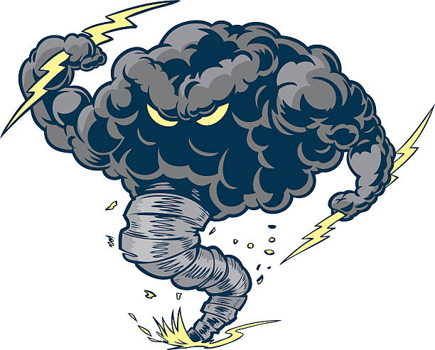 Vector Thunder Cloud Storm Tornado Mascot with Lightning Bolts Vector cartoon clip art illustration of a tough thundercloud or storm cloud mascot with lightning bolts and a tornado funnel kicking up dust and debris. angry clouds stock illustrations