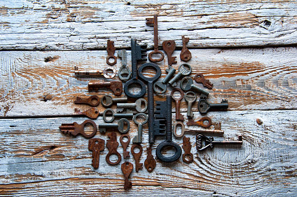istock Many rusty keys and padlocks on white wood 608002122