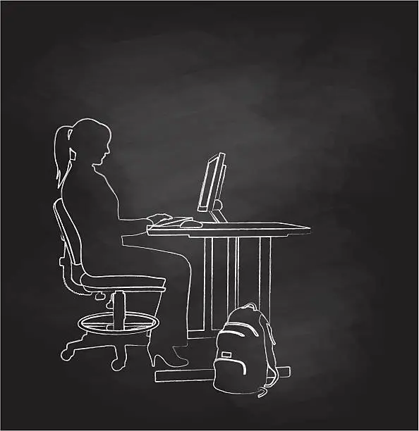 Vector illustration of Chalkboard Student Using Library Computer