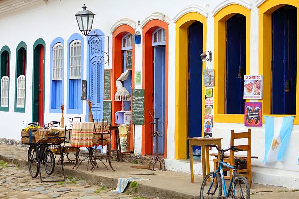 Restaurant in Brazil Paraty, Brazil - October 14, 2014: Restaurant in the Old Town of Paraty (state of Rio de Janeiro). The colonial town dates back to 1667 and is considered for inclusion on UNESCO World Heritage List. paraty brazil stock pictures, royalty-free photos & images