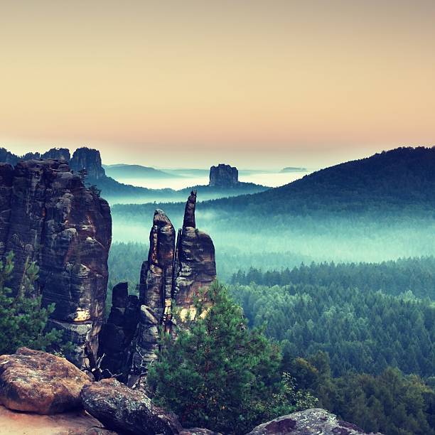 istock Autumn evening panorama view over sandstone rocks to fall valley 608004510