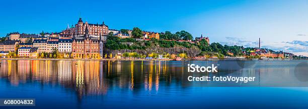 Stockholm Dusk Twilight Illuminating Sodermalm Tranquil Waterfront Riddarfjarden Panorama Sweden Stock Photo - Download Image Now