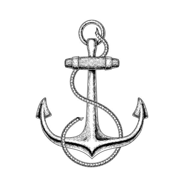 illustrazioni stock, clip art, cartoni animati e icone di tendenza di illustrazione vettoriale di un'ancora nautica - anchor retro revival tattoo old fashioned