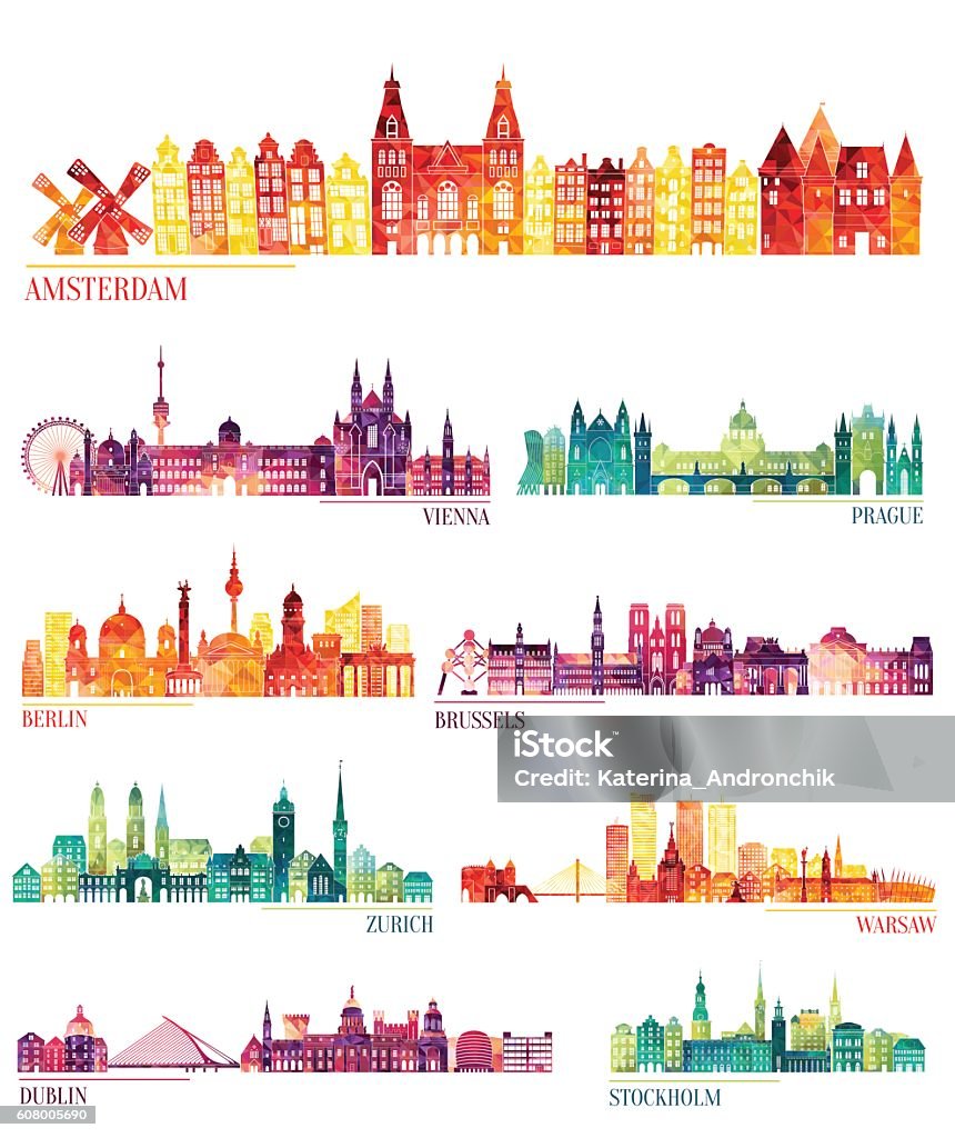 Skyline conjunto de siluetas detalladas (Ámsterdam, Viena, Praga, Berlín, Bruselas, Zúrich) - arte vectorial de Panorama urbano libre de derechos