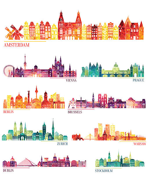 ilustraciones, imágenes clip art, dibujos animados e iconos de stock de skyline conjunto de siluetas detalladas (ámsterdam, viena, praga, berlín, bruselas, zúrich) - skyline madrid