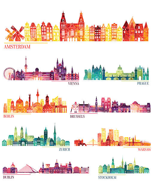 illustrations, cliparts, dessins animés et icônes de ensemble de silhouettes détaillées skyline (amsterdam, vienne, prague, berlin, bruxelles, zurich) - map world map globe old