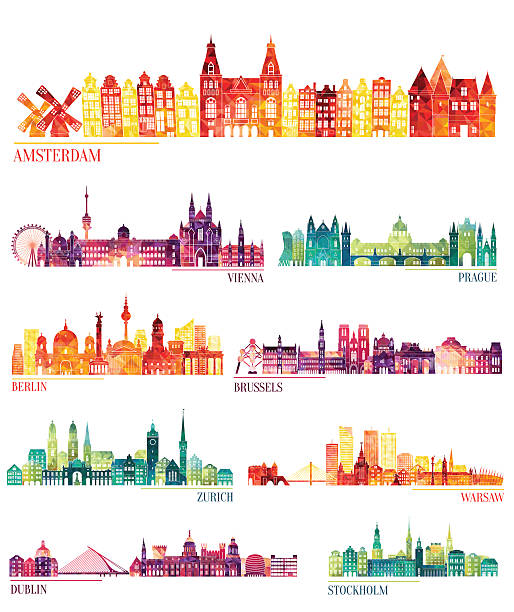 Skyline detailed silhouette set (Amsterdam, Vienna, Prague, Berlin, Brussels, Zurich) Skyline detailed silhouette set (Amsterdam, Vienna, Prague, Berlin, Brussels, Zurich, Warsaw, Dublin, Stockholm ). Vector illustration madrid city view stock illustrations