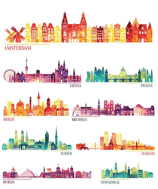 Vector illustration of Skyline detailed silhouette set (Amsterdam, Vienna, Prague, Berlin, Brussels, Zurich)