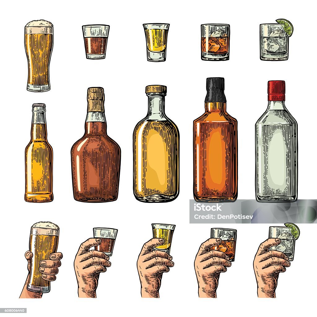 Set alcohol drinks bottle, glass, hand holding beer, gin, tequila Set alcohol drinks with bottle, glass and hand holding beer, gin, whiskey, tequila. Vintage color vector engraving illustration for label, poster, invitation to party. Isolated on white background Alcohol - Drink stock vector